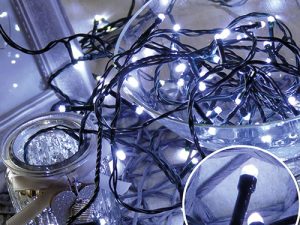 Karácsonyi 100 Led fényfüzér, rizsszem IP44, kültérre is! Hideg fehér Leddel, 8 funkció, villogtató, memória.