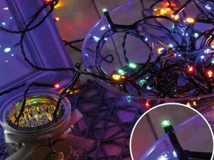 Karácsonyi 100 Led fényfüzér, rizsszem IP44, kültérre is! Multicolor /piros-zöld- kék-sárga/ Leddel, 8 funkció, villogtató, memória